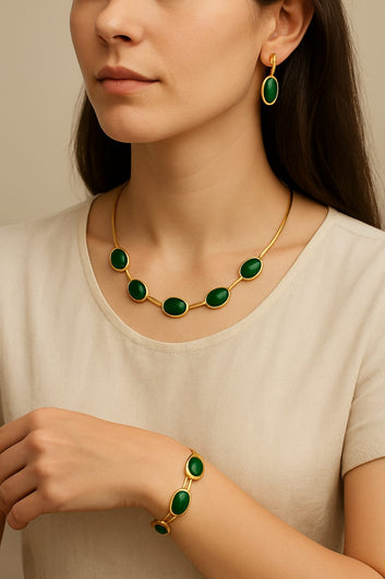 Oval Green Crystal Pendant Necklace [ Earings & Bracelet Free ]