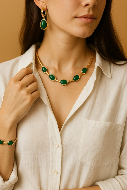 Oval Green Crystal Pendant Necklace [ Earings & Bracelet Free ]